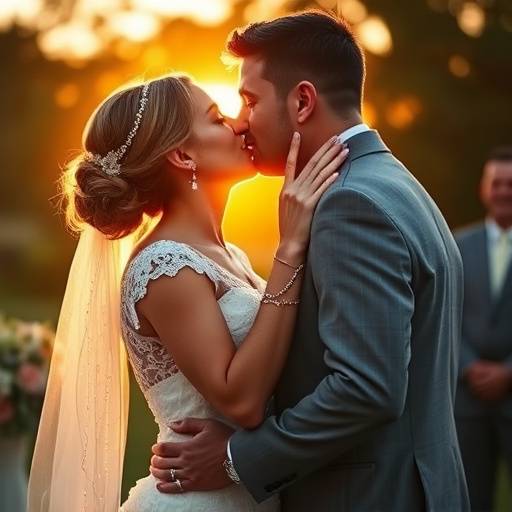 Casal de noivos se beijando apaixonadamente durante a cerimônia de casamento ao ar livre, sob a luz dourada do pôr do sol. A noiva veste um vestido branco rendado e o noivo um terno cinza.