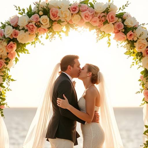 Fotografia de um casal se beijando durante a cerimônia de casamento, com um arco de flores e luz suave.