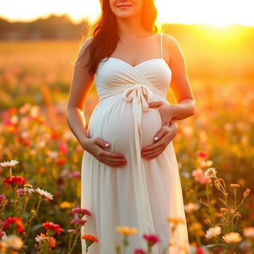 Fotografia de um ensaio de gestante em um campo florido com a futura mamãe vestindo um vestido longo branco.