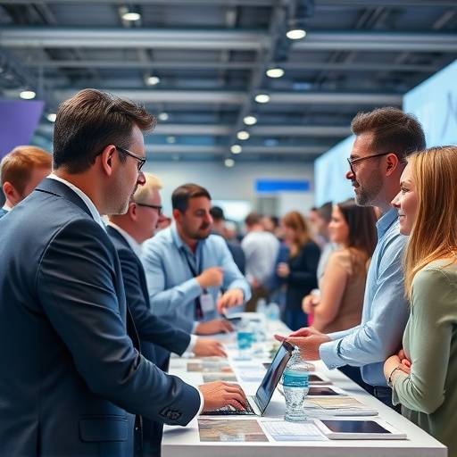 Fotografia de um evento corporativo, mostrando pessoas interagindo em um stand.