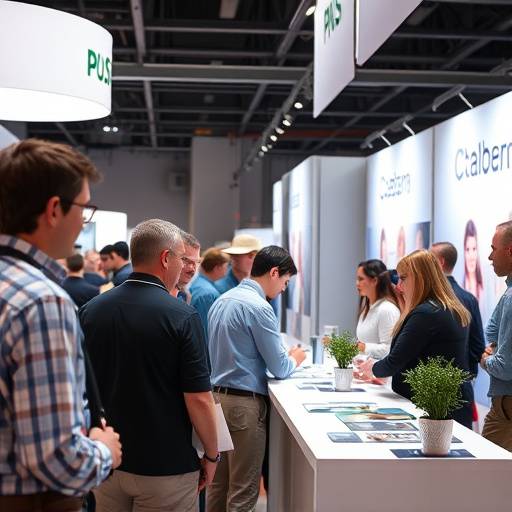 Fotografia de um evento corporativo mostrando pessoas interagindo em um stand.