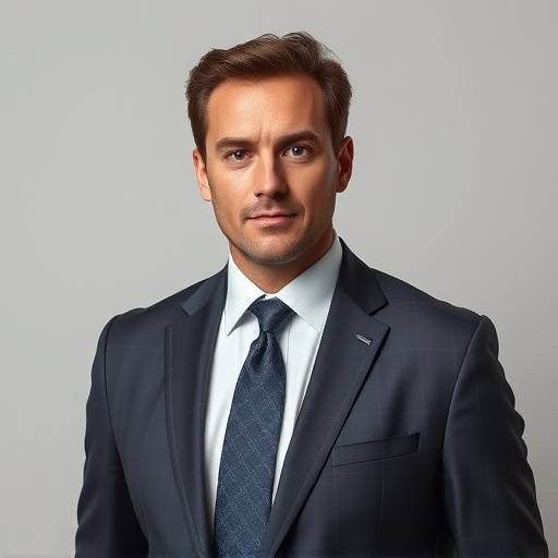 Retrato de um homem de terno e gravata, com expressão séria e confiante. O fundo neutro destaca a postura profissional e a presença marcante do modelo. Ideal para perfis corporativos.