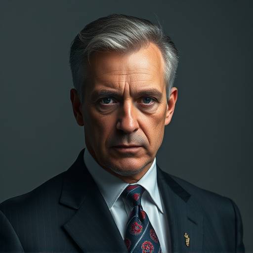 Retrato de um homem de terno e gravata, com expressão séria e fundo neutro.