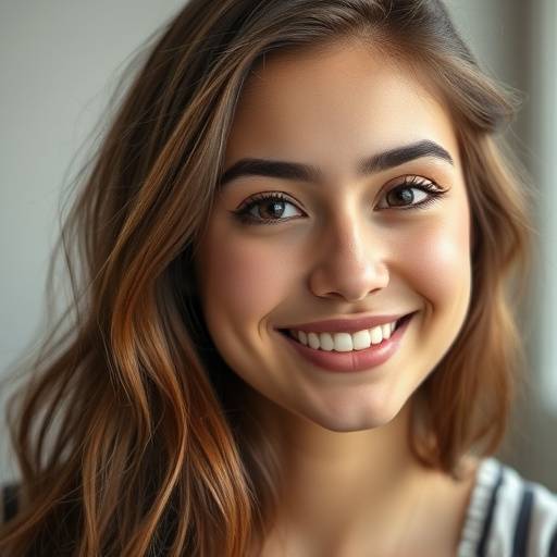 Retrato de uma jovem mulher sorrindo, com foco nos olhos e iluminação suave.