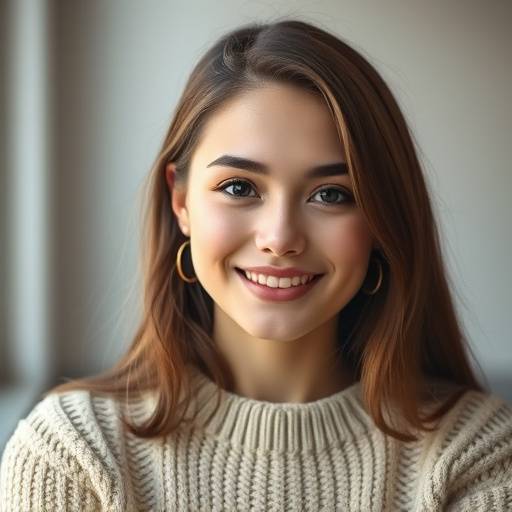 Retrato de uma jovem mulher sorrindo gentilmente, com foco suave nos olhos e iluminação natural que realça a beleza da modelo. Ela veste uma blusa de tricô bege.