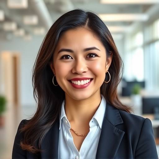 Retrato profissional de uma mulher sorrindo em um ambiente de escritório bem iluminado.